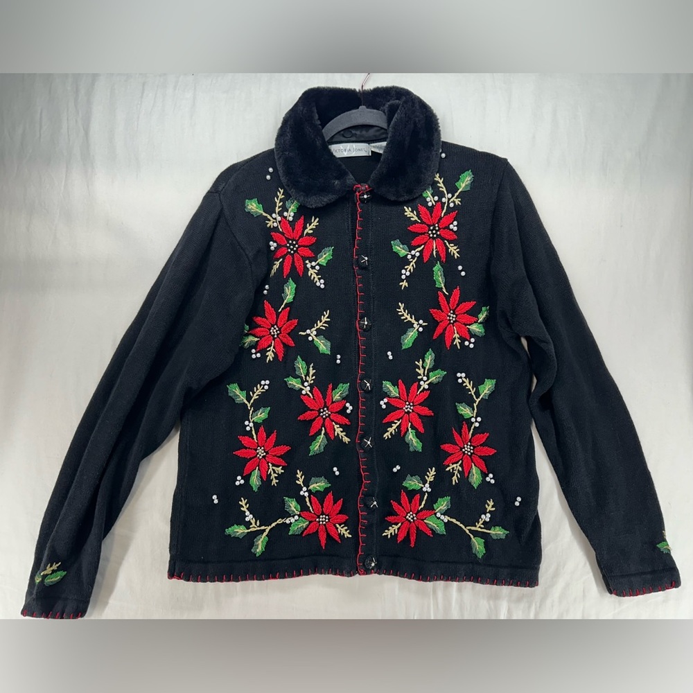 Victoria Jones Womens Vintage Cardigan Sweater Black Red Beaded Poinsettia Large